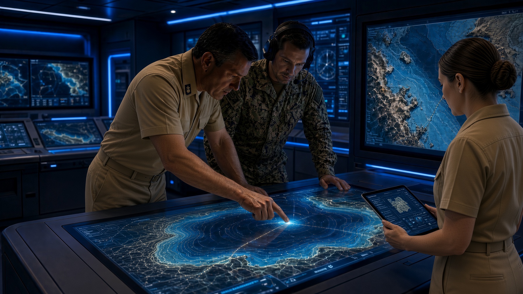 Navy officers and a crewman at a nuclear submarine navigation screen, with an officer on the near side of the table.