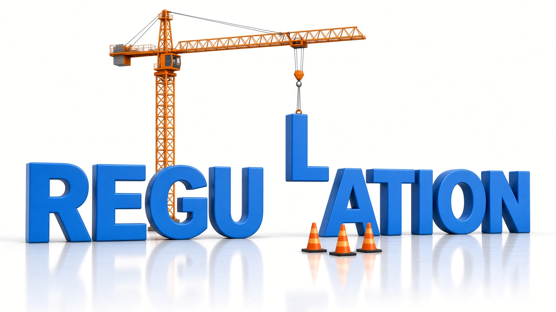 A crane lowering the letter L into large blue letters that spell REGULATION.