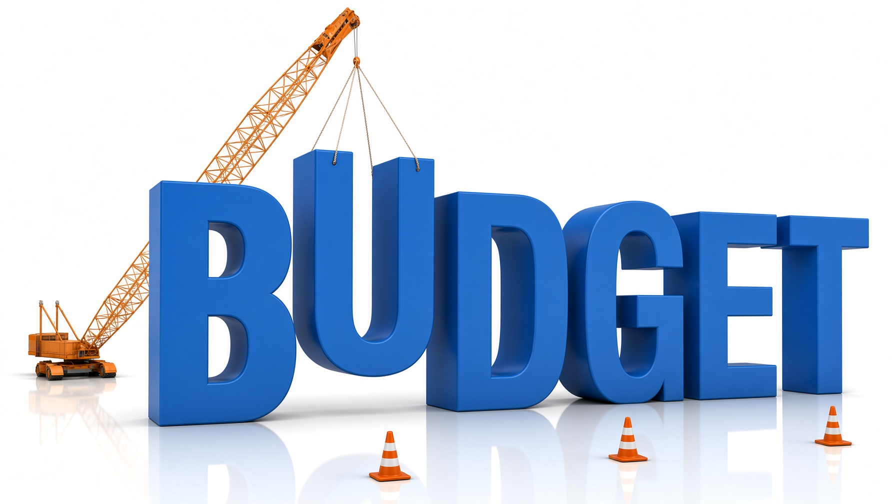 A crane lowering the letter U into large blue letters that spell BUDGET.