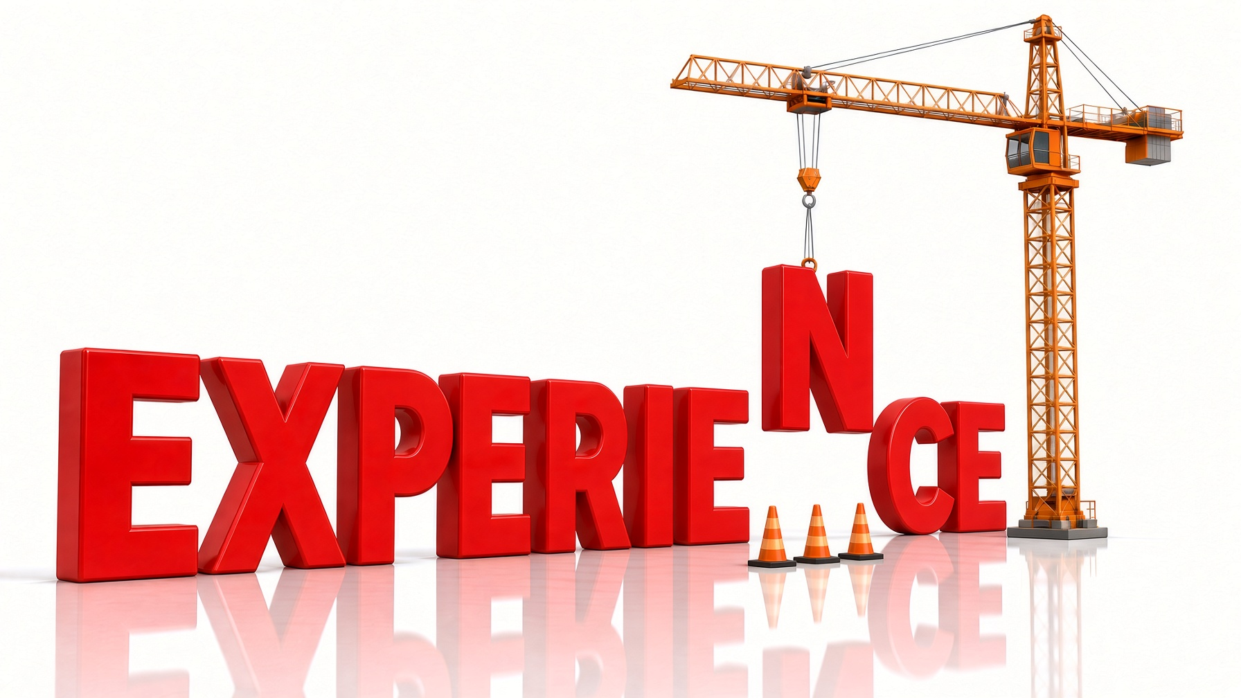 A crane lowering the red letter N into large red letters that spell EXPERIENCE.