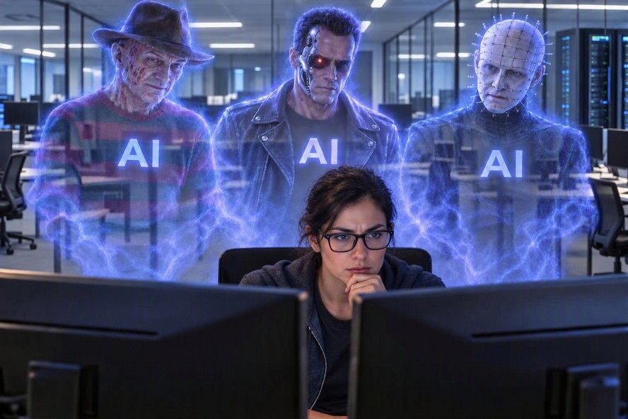 A woman at her monitors, with three ghostly figures marked AI standing behind her.
