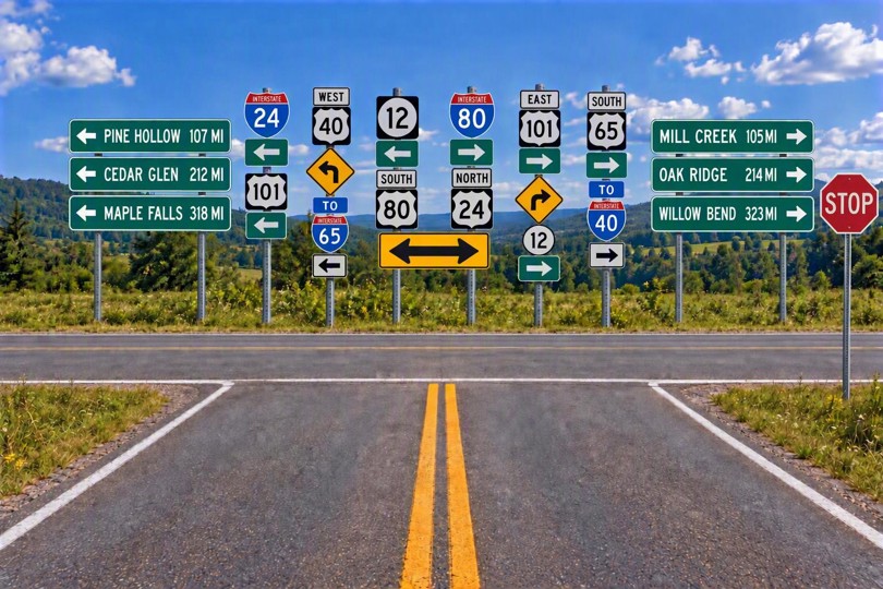 Highway signs pointing in many directions above a two-lane road.